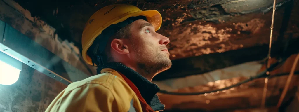 a focused shot of a seasoned basement waterproofing expert meticulously inspecting a damp basement, illuminated by warm overhead lights that highlight the contrast between dry and wet sections of the wall.