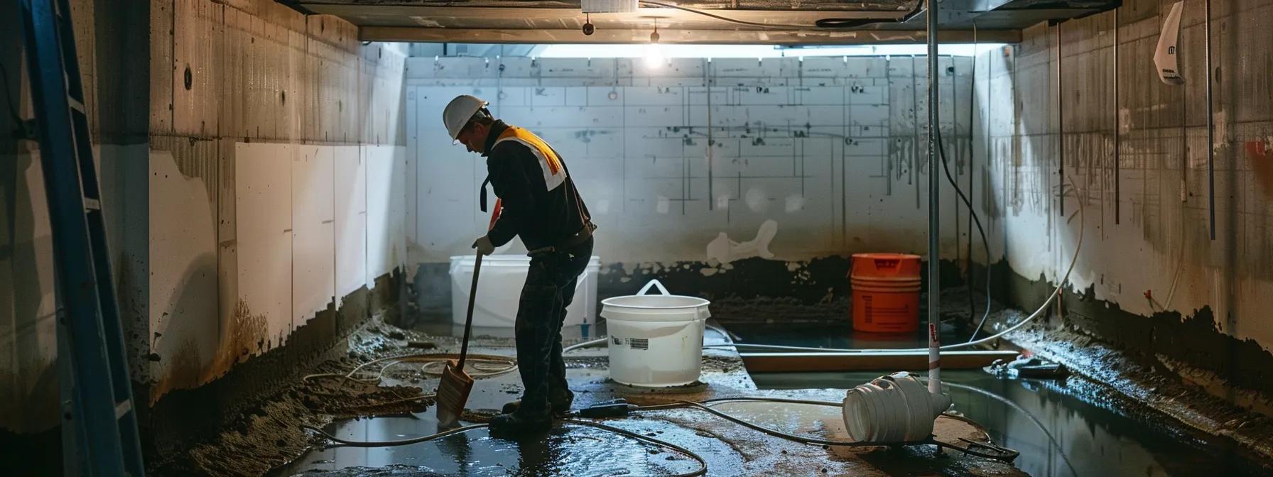 a modern basement waterproofing project underway, featuring a professional inspecting foundation repairs and a dehumidification system installation in a well-lit, urban renovation setting.