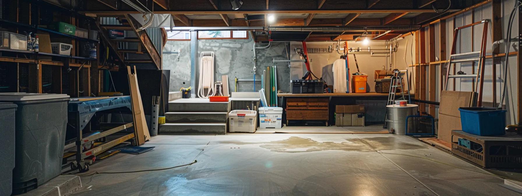 a professionally designed basement with visible waterproofing materials and tools in an urban home setting, showcasing the complexity of the waterproofing process against a backdrop of construction equipment and the unfinished walls.