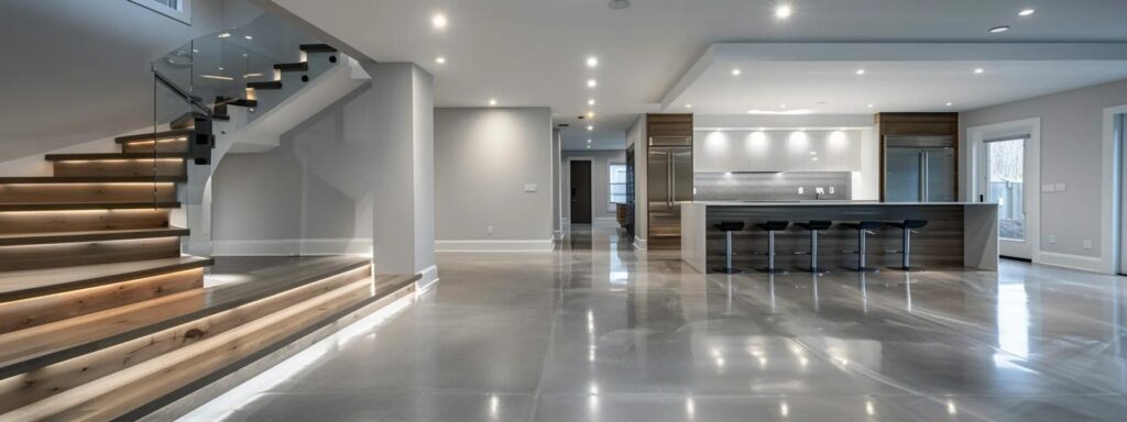 a sleek, modern basement renovation showcases advanced waterproofing solutions, featuring polished concrete floors, stylish storage cabinets, and cutting-edge drainage systems, all illuminated by focused led lights that highlight the transformation.