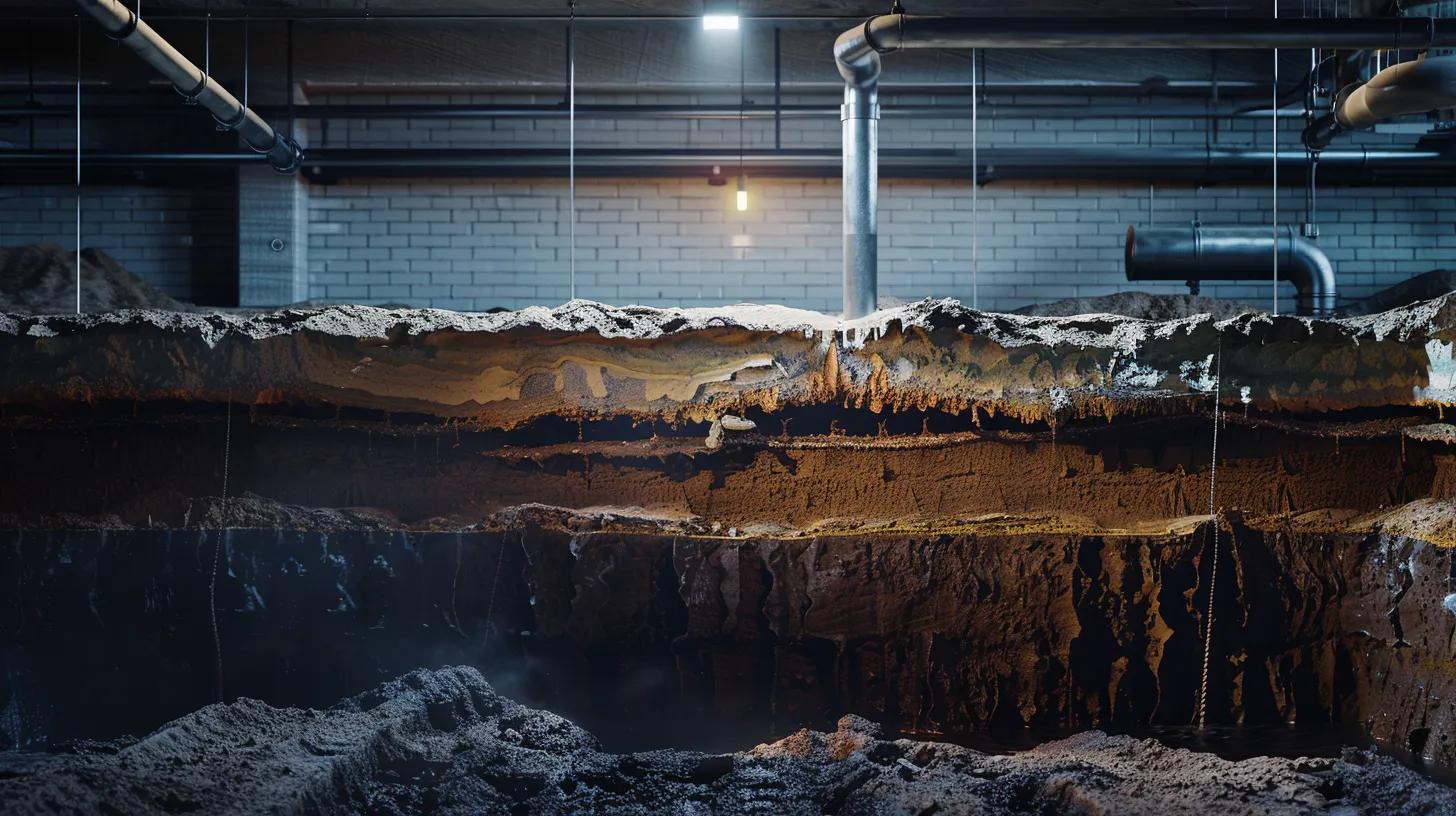 a detailed cross-section of a basement reveals the intricate interplay of springfield's clay and silt soil layers, showcasing rising groundwater levels pressing against the foundation, illuminated by the harsh glow of overhead fluorescent lighting in a dimly lit, industrial-style setting.