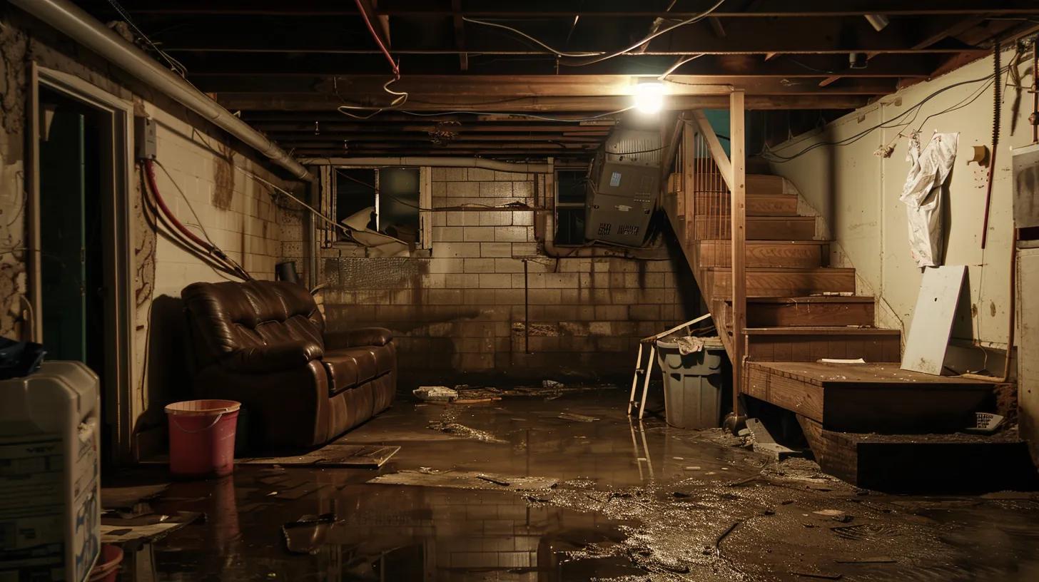 a dimly lit basement reveals subtle signs of moisture, such as damp patches on the walls and a slight sheen on the floor, emphasizing the urgent need for waterproofing solutions to prevent severe damage in homes.