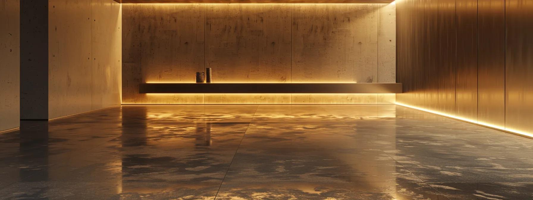 a sleek, modern basement interior showcases advanced waterproofing techniques, featuring polished concrete floors and vapor barriers expertly installed on the walls, illuminated by soft, controlled lighting that highlights the dry, secure environment designed to withstand moisture intrusion.