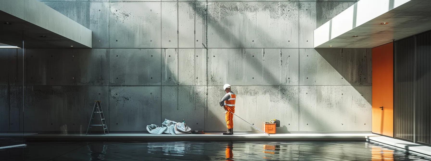 a well-lit, modern basement repair workshop showcases a skilled technician applying a robust sealant to a visible crack in the concrete wall, highlighting the importance of effective crack repair in ensuring waterproofing integrity.