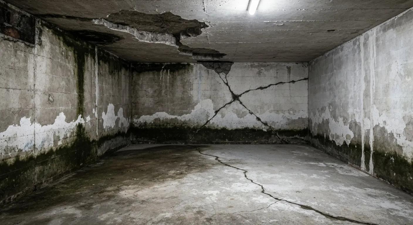 Visible indicators of a wet basement, including mold, wall cracks, and white mineral deposits