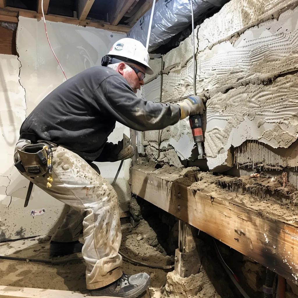 Expert foundation repair solutions for water-damaged structures, showing a technician at work