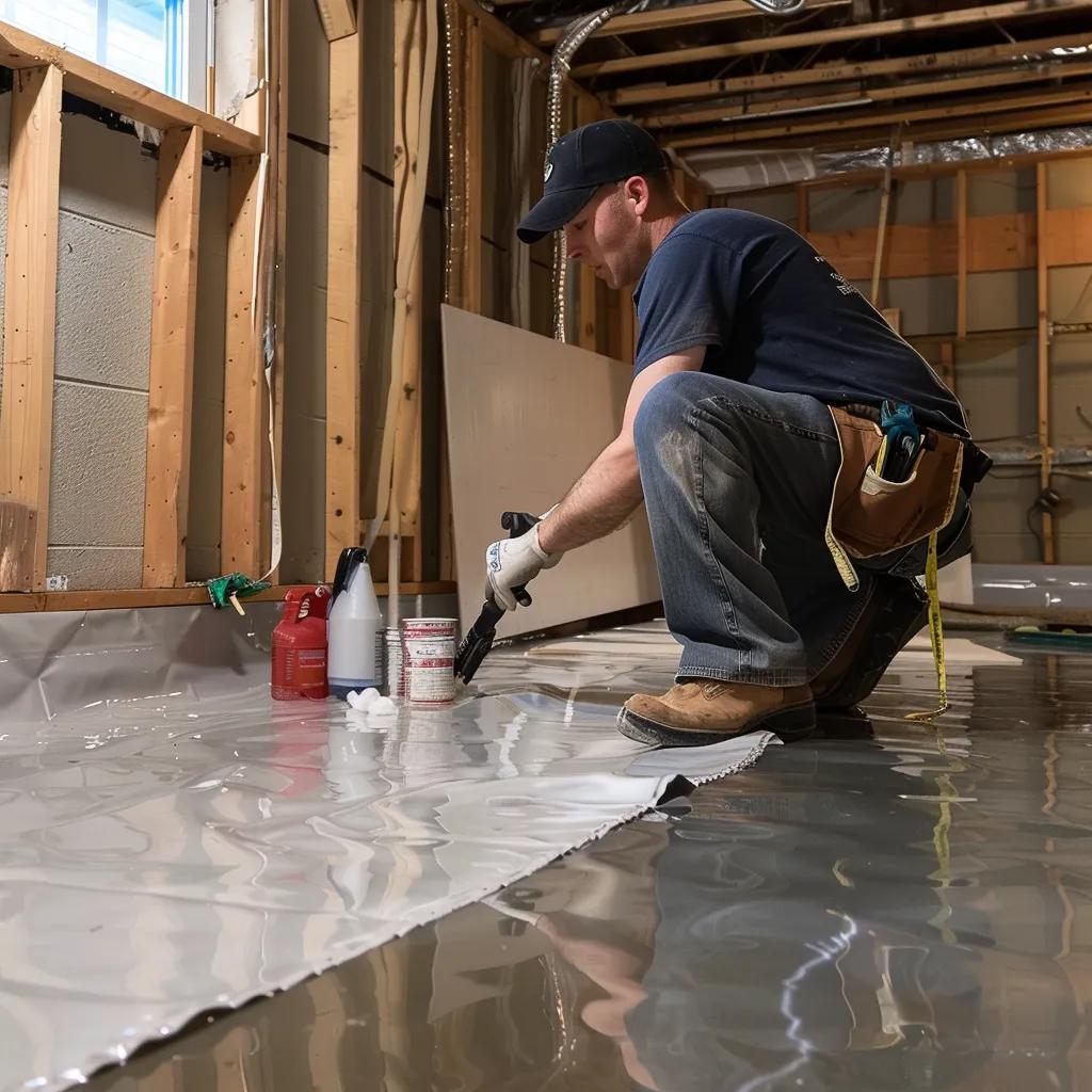 Professional applying waterproofing solutions in a basement to prevent water intrusion