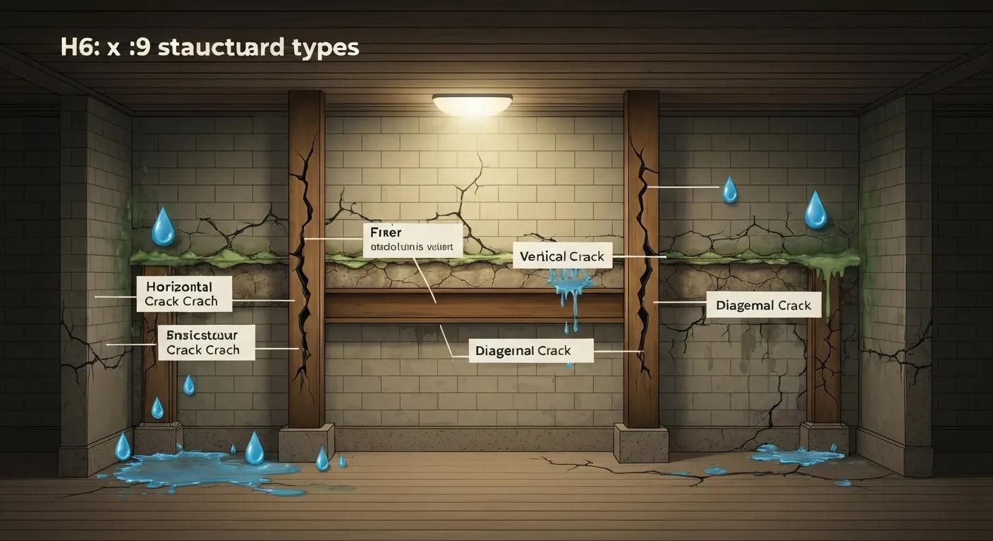 Detailed illustration of various foundation crack types in a basement, emphasizing their structural implications and potential for water intrusion.