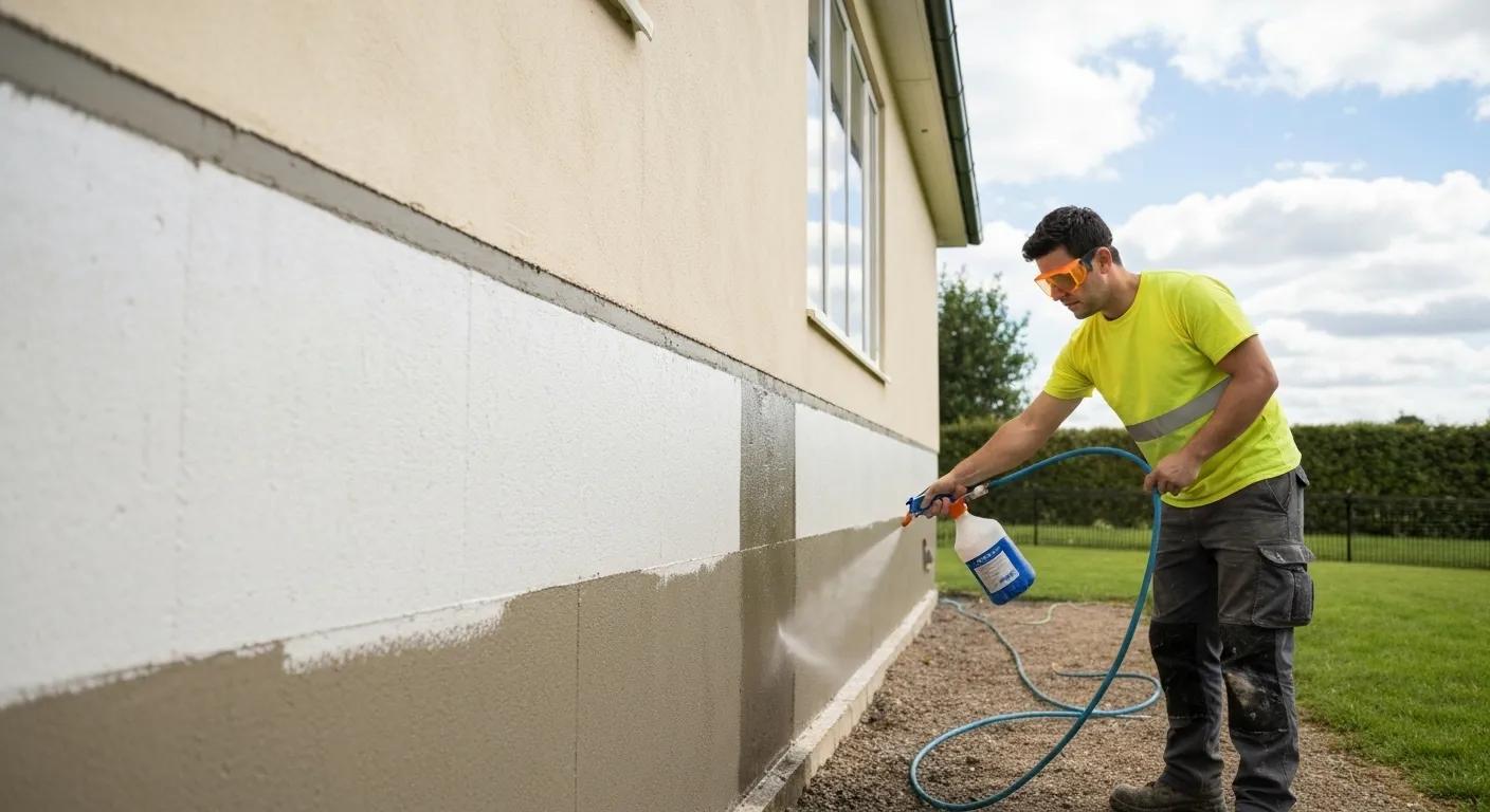 Contractor applying waterproof membrane on exterior foundation walls