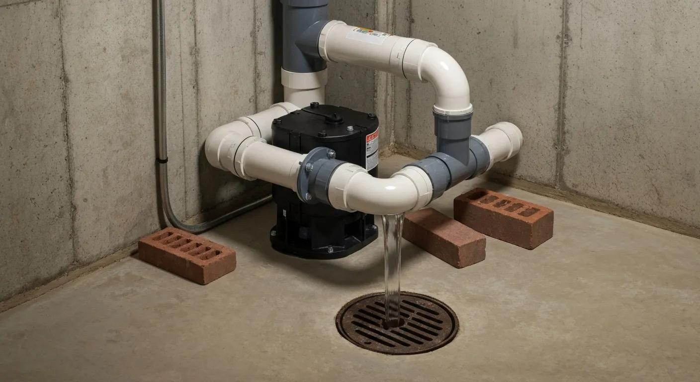 A well-maintained sump pump system in a basement, showing proper installation, discharge piping, and readiness for operation.