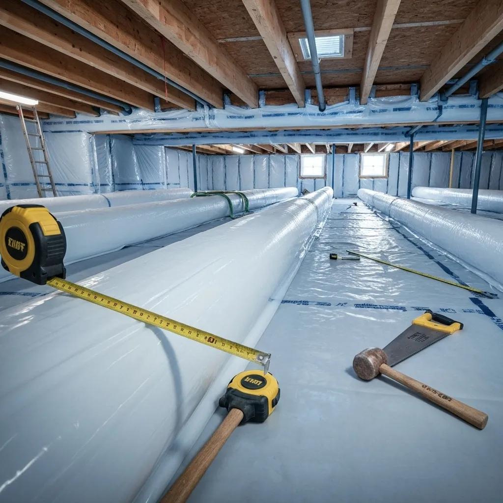 Crawl space encapsulation with polyethylene barriers installed