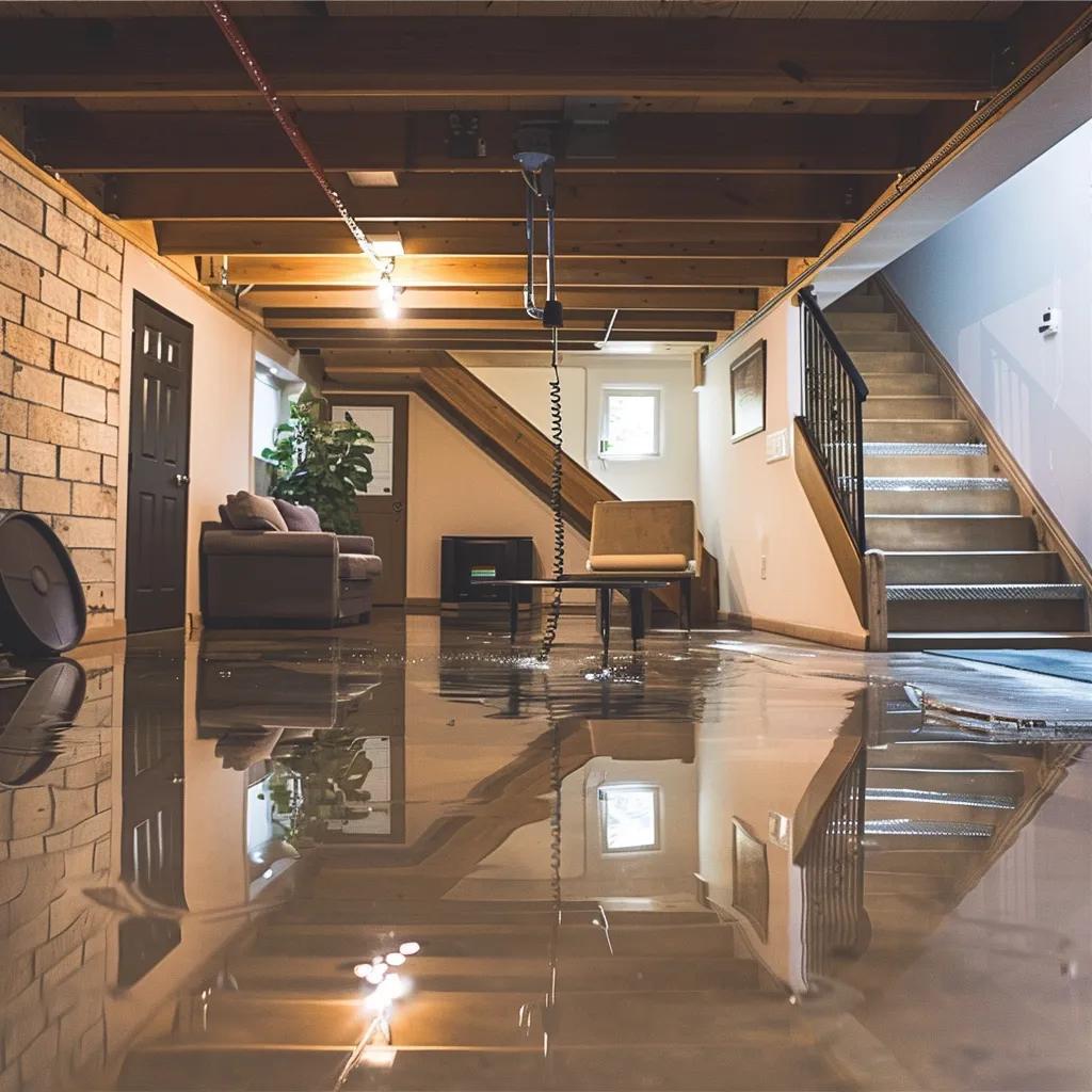 Basement waterproofing features including a sump pump and dehumidifier in a clean, dry environment