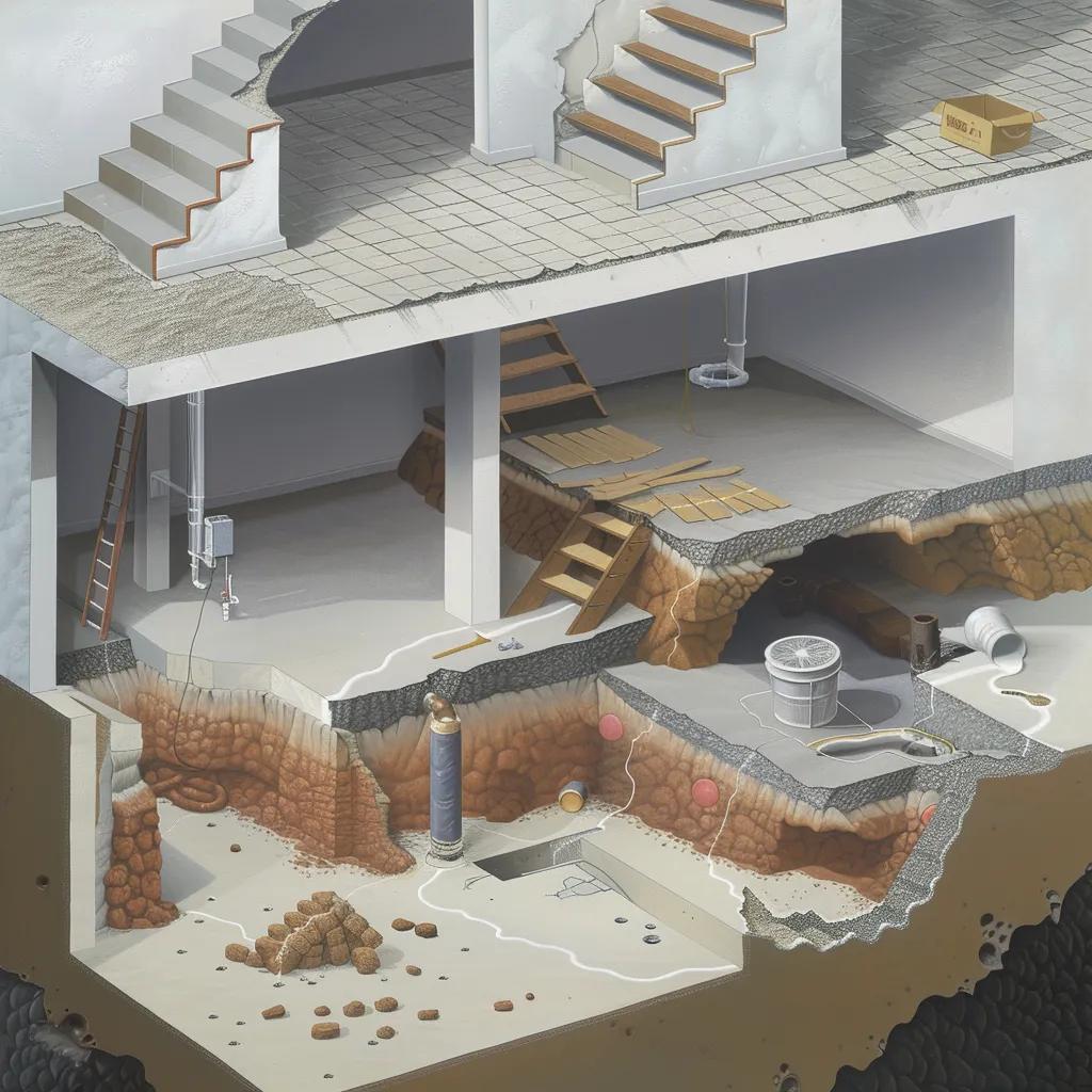 Basement interior showing waterproof coatings, sump pump setup, and repaired cracks — interior solutions example