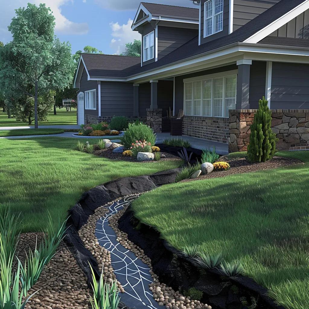 Gutters, downspouts, and a French drain routing water away from a house — exterior drainage example